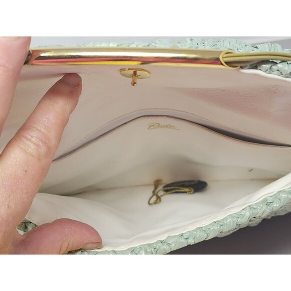 Vintage Rodo Raffia Woven Mint Green Clutch Gold Chain Snap Closure‎ - Picture 3 of 10